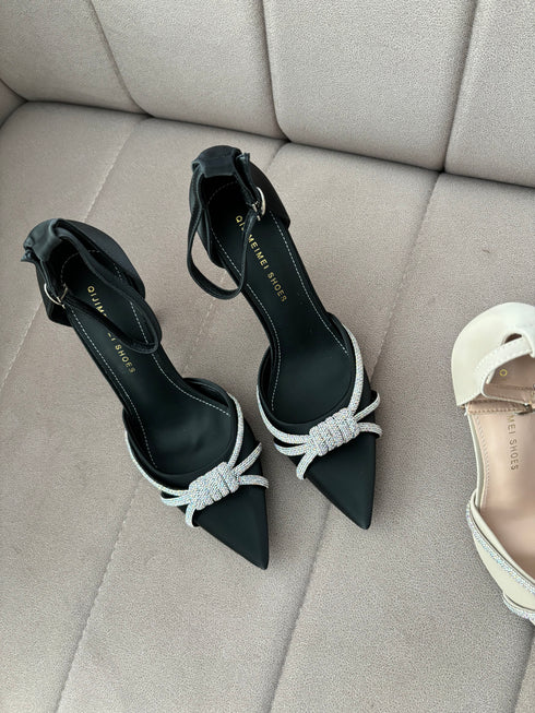 Rhinestone Embedded Pointy Toe Buckle Strap Heels